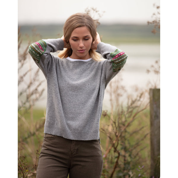 Fairisle Elbow Patched Crew Neck Cashmere Merino