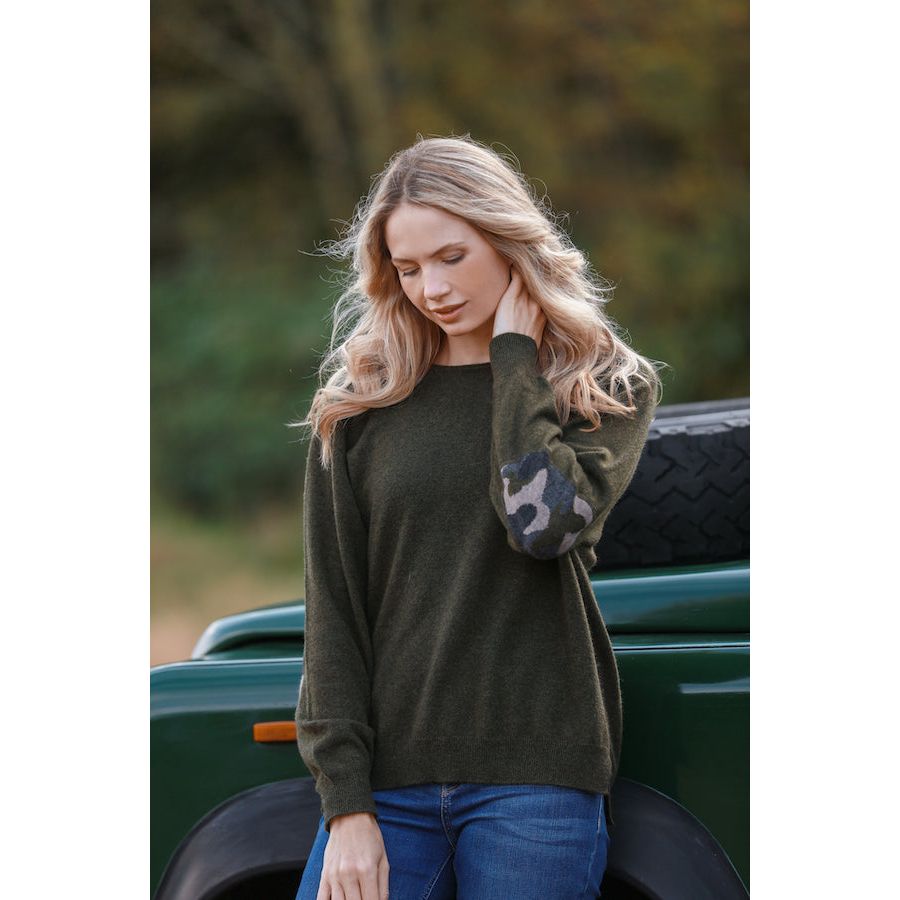 The Pure Cashmere Camouflage Elbow Patched Crew Neck