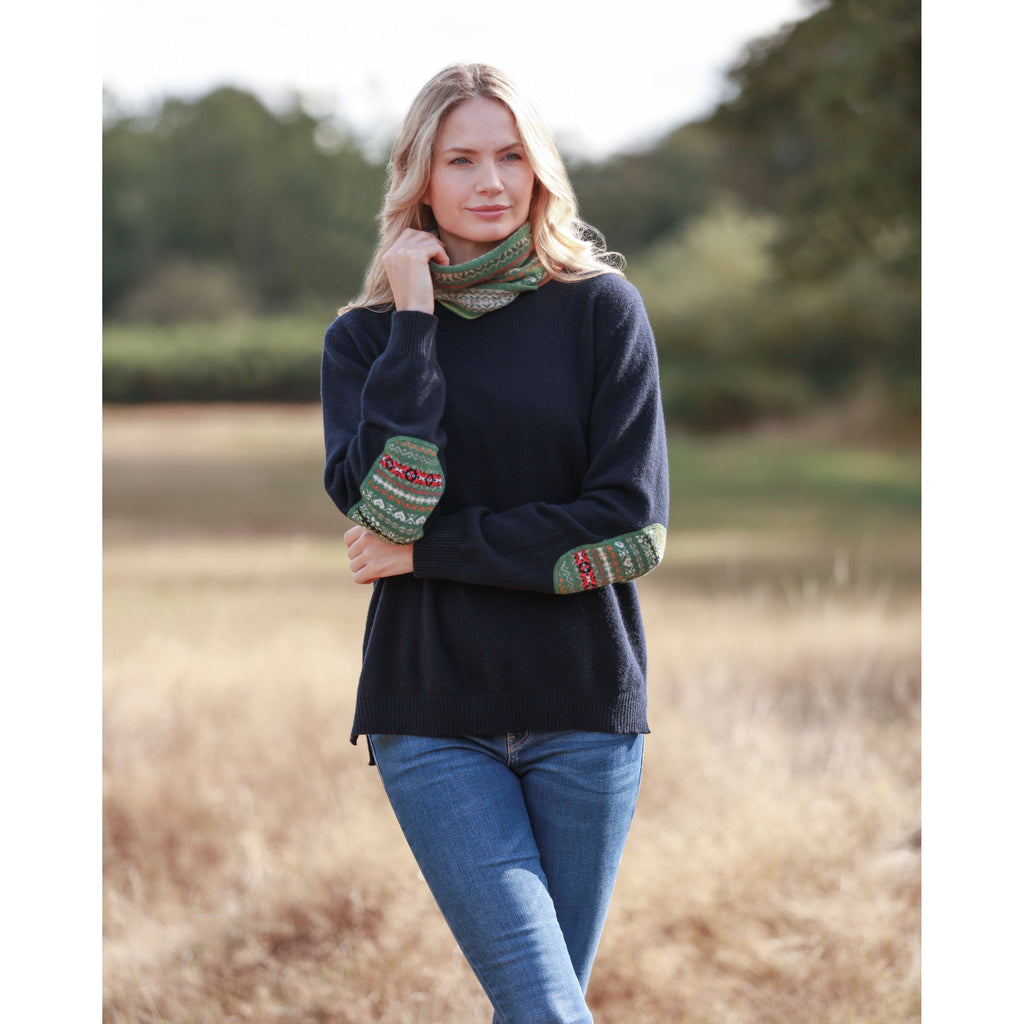 Navy Fairisle Elbow Patched Crew Neck Cashmere Merino