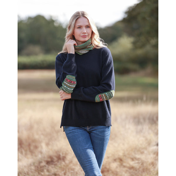 Navy Fairisle Elbow Patched Crew Neck Cashmere Merino Navy Fairisle Elbow Patched Crew Neck Cashmere Merino