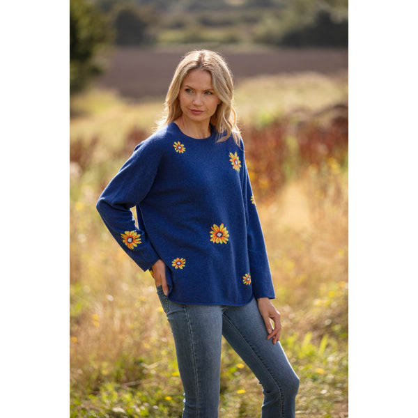 Dark Blue Daisies Intarsia Crew Neck Cashmere and Merino Jumper