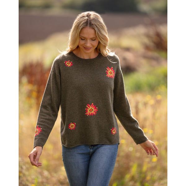 Khaki Daisies Intarsia Crew Neck Cashmere and Merino Jumper
