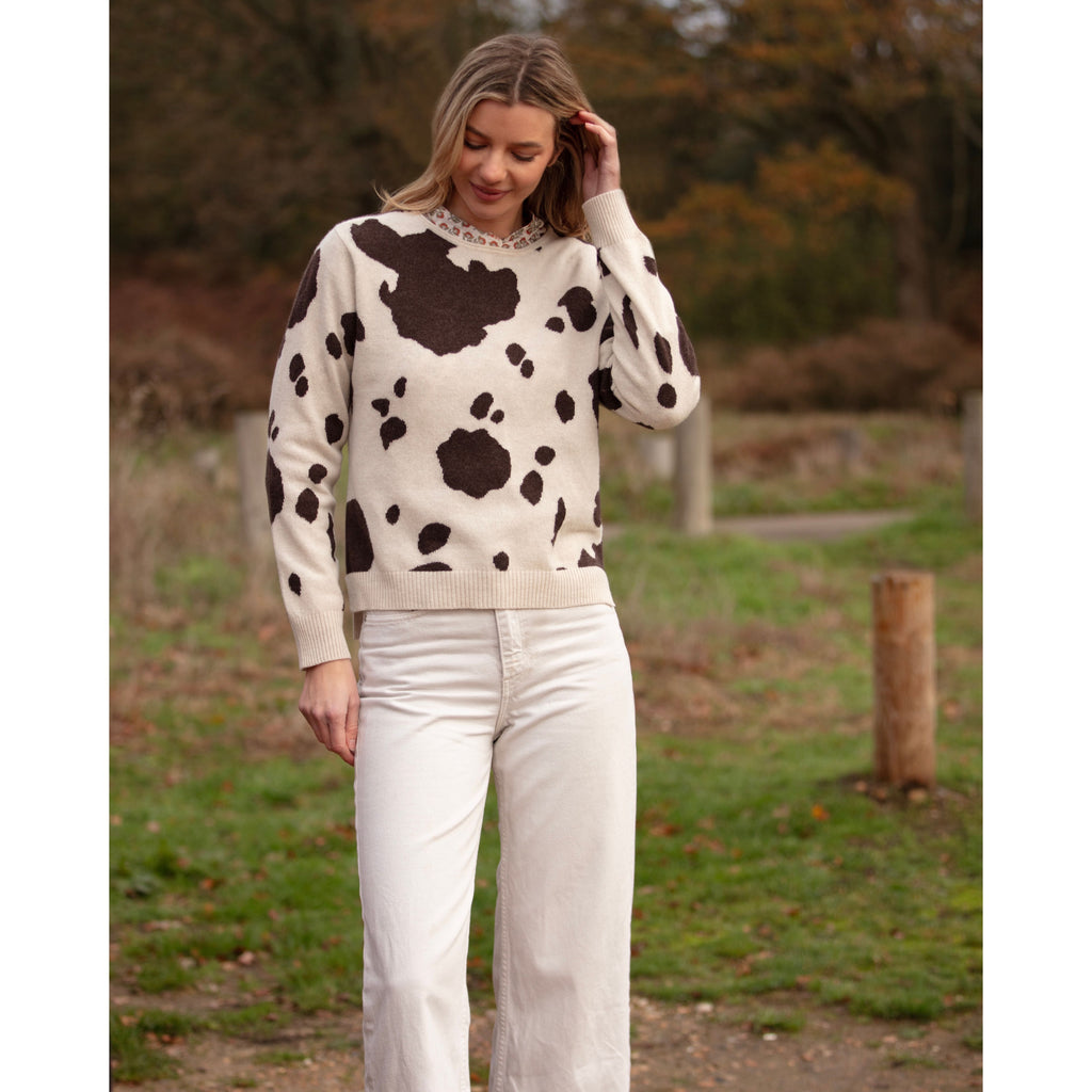 Cowhide Intarsia Crew Neck Cashmere and Merino