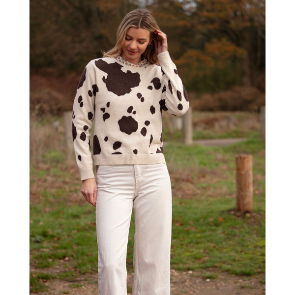 Cowhide Intarsia Crew Neck Cashmere and Merino