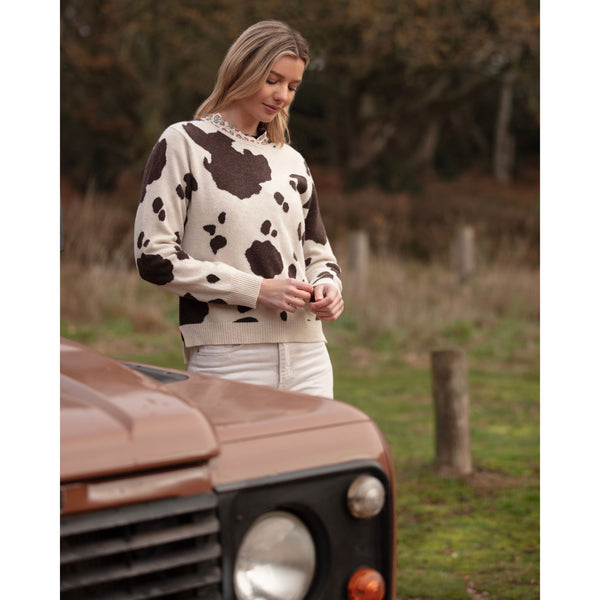 Cowhide Intarsia Crew Neck Cashmere and Merino