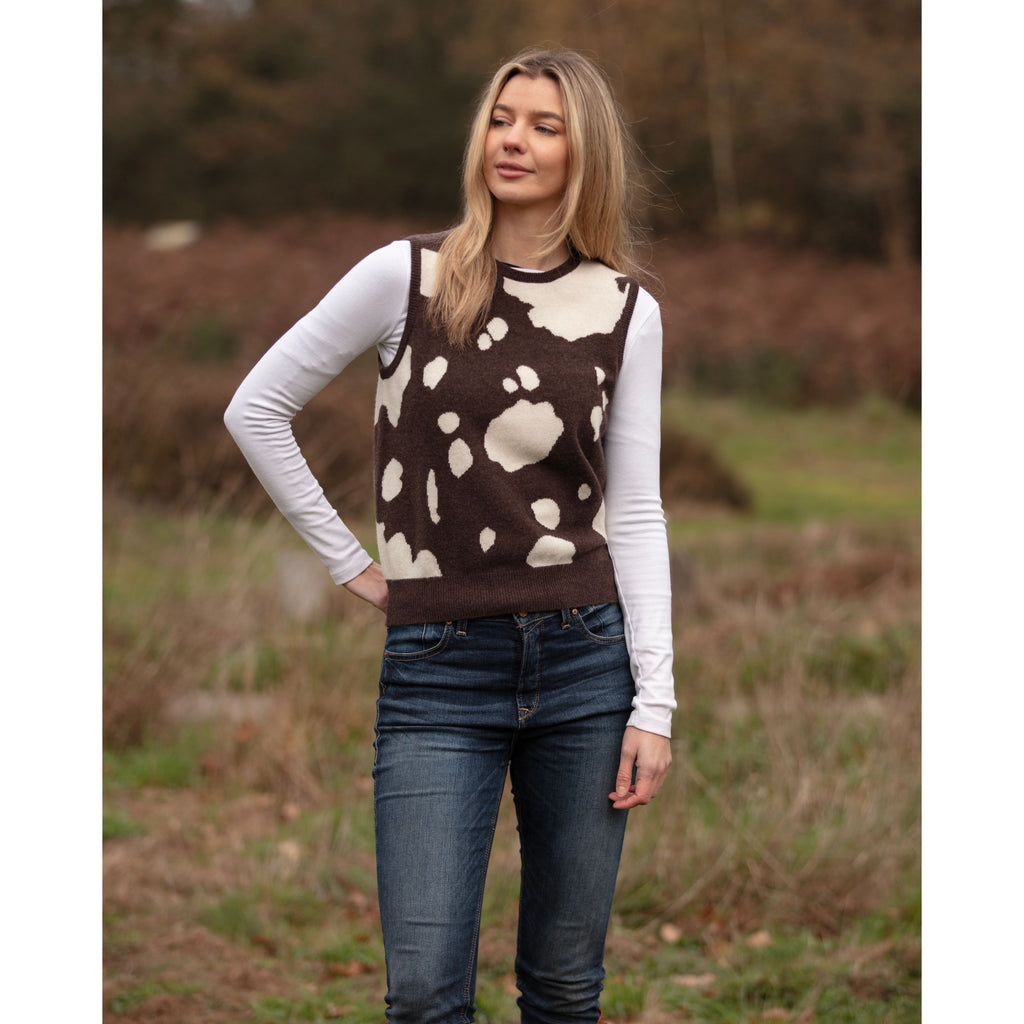 Cowhide Sleeveless Intarsia Crew Neck Cashmere Merino