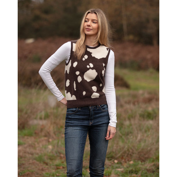 Cowhide Sleeveless Intarsia Crew Neck Cashmere Merino