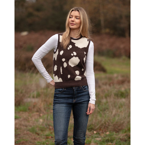 Cowhide Sleeveless Intarsia Crew Neck Cashmere Merino