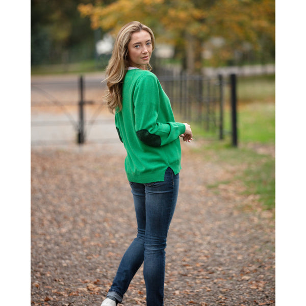 Green Dotted Fairisle Elbow Patched Crew Neck