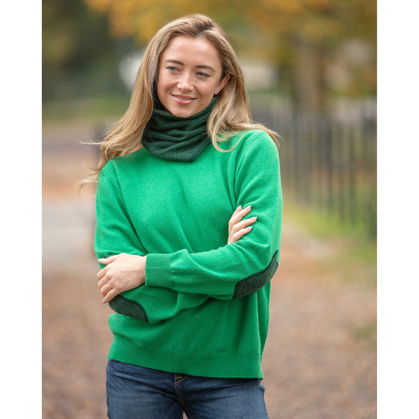 Green Dotted Fairisle Elbow Patched Crew Neck