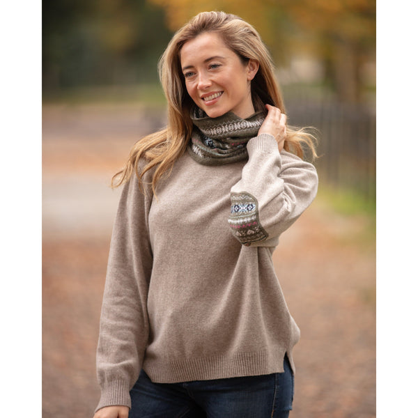 Dark Natural Fairisle Elbow Patched Crew Neck Cashmere Merino
