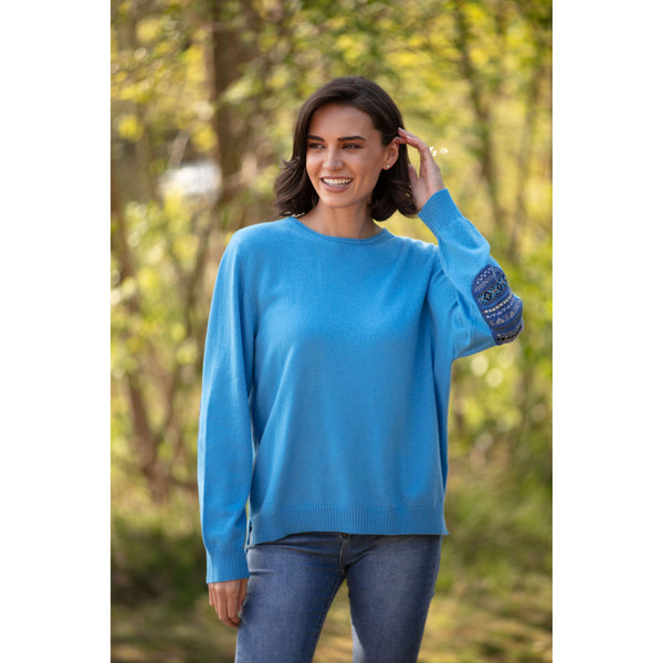 Fairisle Elbow Patched Crew Neck Cashmere Merino