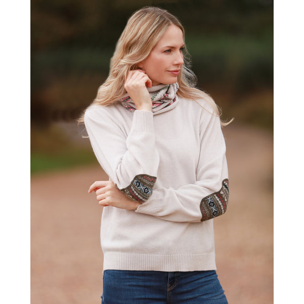 Chalk Fairisle Elbow Patched Crew Neck Cashmere Merino